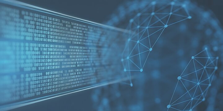 Digital stream of binary code flowing into a connected network of nodes data technology - Powered by Adobe