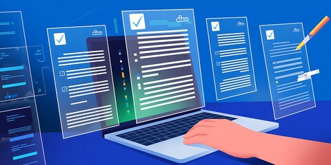 Hand interacting with laptop displaying digital documents and checklist typing computer