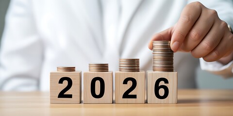Hand stacking coins on wooden blocks with year 2026 money currency
