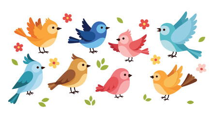 A Collection of Adorable Cartoon Birds in Various Bright Colors.
