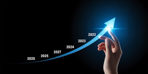 Hand touching a glowing blue arrow pointing upwards with years 2022 to 2028 finger