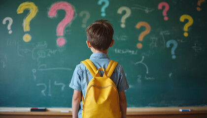 Child with yellow backpack stands in front of green chalkboard. He looks at questions. Education concept with doubt. Learning boy solves math problem. Kid is studying school lesson. Back view.