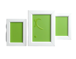 Three white picture frames with green insides, one with a stylized splash, on black