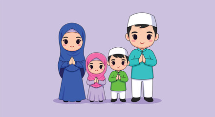 A Muslim family of four dressed in traditional attire stands together with hands clasped in prayer.