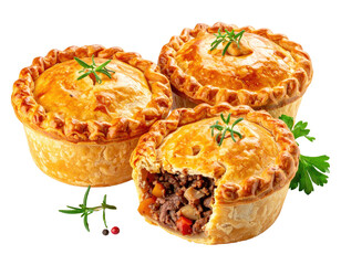 Three golden, flaky-crusted savory meat pies, one sliced open, garnished with herbs