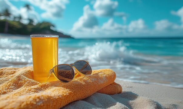 Cool drink, sunglasses, towel on sandy beach with ocean waves