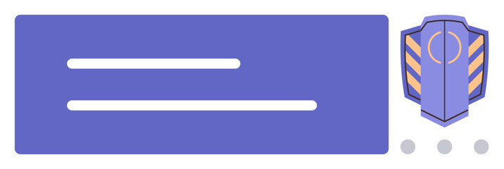 Obraz premium Horizontal layout with two text placeholders on blue card next to shield icon. Ideal for online security, user profiles, cybersecurity, defenses, authentication, branding, simple flat metaphor