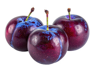 Three ripe, dark-purple fruits with stems, glossy skins, against a black backdrop