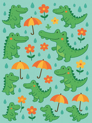 Fototapeta premium Simple Retro Style Alligator Print with Flowers and Raindrops