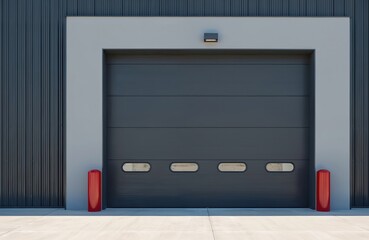 Modern dark grey sectional garage door with small windows. Industrial building facade features corrugated metal siding. Red bollards mark entrance.