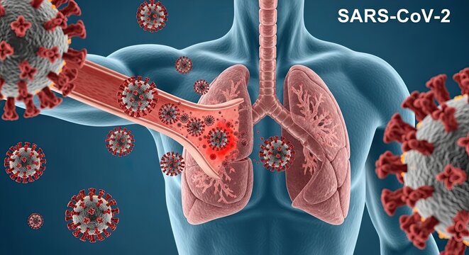 Medical illustration of SARS-CoV-2 virus infecting human lungs and respiratory system. - Powered by Adobe