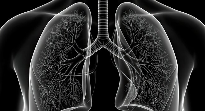 Medical X-ray image of human lungs and respiratory system.