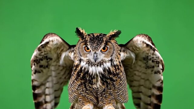 Majestic Eurasian Eagle Owl Spreading Wings on Vibrant Green Screen Background
