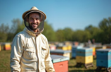 Smiling beekeeper in protective suit stands near apiary. Man inspects beehives on bee farm. Portrait of apiarist in work wear, beekeeping occupation at countryside in summer day.