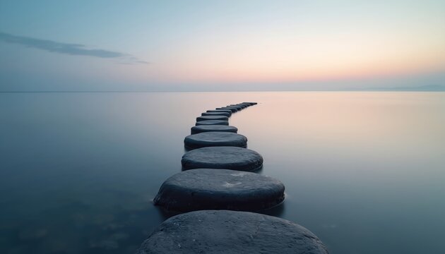 Row of stepping stones lead across calm sea at sunset. Concept of path to new life or business growth. Stone stairs across water symbolize career. Horizon meets ocean at sunrise.