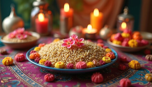 Festive table laid with wheat sprouts semeni centerpiece adorned with pink flowers. Candles glow, small pastries decorate cloth. Autumnal celebration setup.