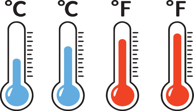 Thermometer Icons Set – Celsius & Fahrenheit Temperature Measurement Vector Illustration