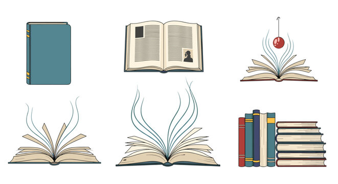 Various book illustrations, from closed and open volumes with text and images to symbolic representations of knowledge and imagination, along with neatly stacked and shelved books.