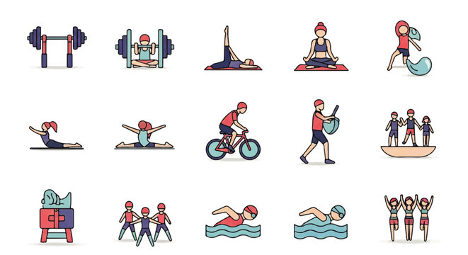 A professional 2D vector icon set illustrating a range of sports, fitness exercises, and competitive athletic events