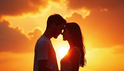 Silhouetted young couple embrace during radiant sunset. Share tender moment affection, connection against vibrant sky. Scene conveys warmth, intimacy with soft light illuminating silhouette.