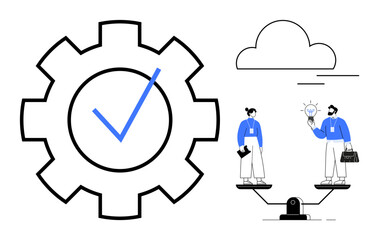 Large gear with check mark, man and woman balancing on a scale, sharing ideas. Ideal for teamwork, innovation, equality, productivity, decision-making collaboration work-life balance. Simple flat