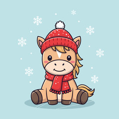 Adorable cartoon horse wearing a red knitted hat and scarf in a snowy scene.