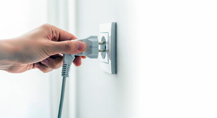 Hand inserting electrical plug into socket on light wall, connection concept, home comfort, technology, safe use of electricity