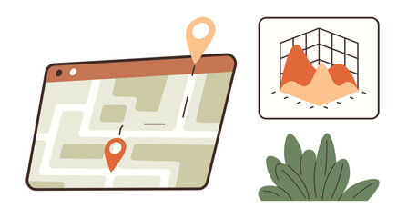 Map interface with location pins, 3D graph signifying analytics, plant for eco-focus. Ideal for navigation, data analysis, ecology, planning, marketing apps innovation. Clear simple flat metaphor