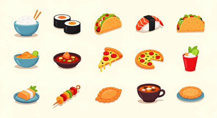 A Whimsical Collection of Delicious 2D Food Icons for Various Culinary Uses