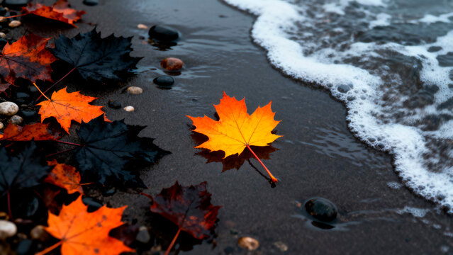 Vibrant orange autumn maple leaf — dark wet sand beach, fallen leaves and gentle wave, fall season nature background