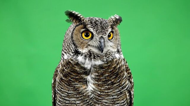 Majestic Great Horned Owl With Intense Yellow Eyes Poses Against Vibrant Green Screen Background in Studio Lighting
