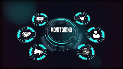 Business monitoring process, virtual interface showing real-time data analysis, control, and strategic supervision.