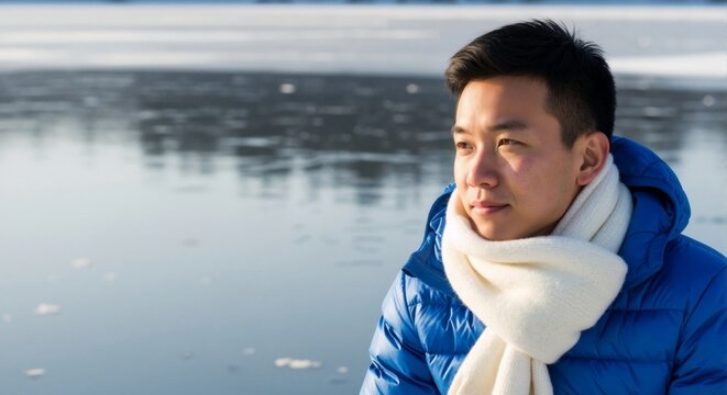 Young Asian man in a blue jacket and white scarf outdoors in winter. Portrait by a frozen lake on a sunny day with copy space - Powered by Adobe