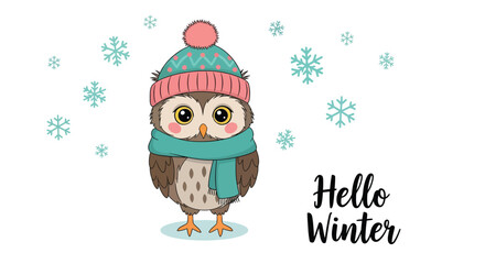 Adorable cartoon owl wearing a winter hat and scarf surrounded by snowflakes.