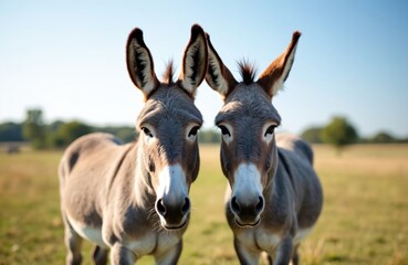 Obraz premium Two grey donkeys face to camera. Donkeys are in field with green and yellow grass. Animals have large ears, dark eyes, white noses. Clear blue sky in background.