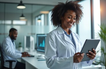 Black woman scientist smiles holding tablet. Researcher works in lab checking medical data. Colleague uses computer at desk, advanced tech. Modern lab environment offers success.