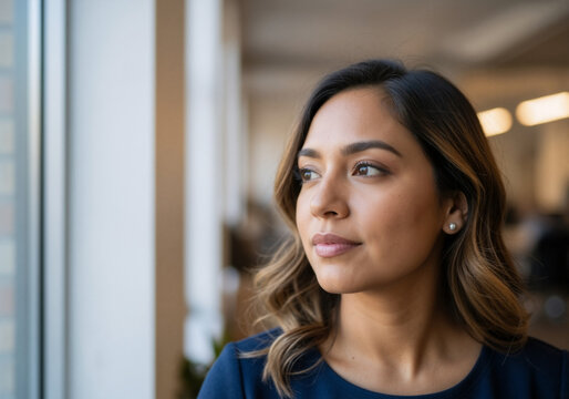 Young woman in a business blue dress standing in a bright office space with a blurred background, natural lighting, confident and calm image