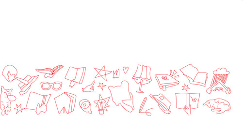 Abstract red line drawing of whimsical figures and shapes chaotic yet charming abstract artwork featuring red line drawings of whimsical figures, architectural elements, and organic shapes on a white 