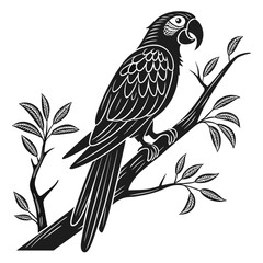 Obraz premium Parrot Perched on Branch: A monochromatic illustration captures a regal parrot, perched gracefully upon a detailed branch, set against a simple backdrop, emphasizing its vibrant beauty.