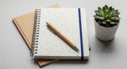 Minimalist workspace with notebooks, a wooden pen, and a succulent plant. Modern office desk flat lay with stationery supplies