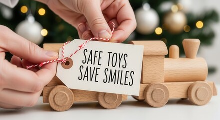 Hands tying a 'Safe Toys Save Smiles' tag on a wooden train. Child safety awareness concept for the Christmas holiday
