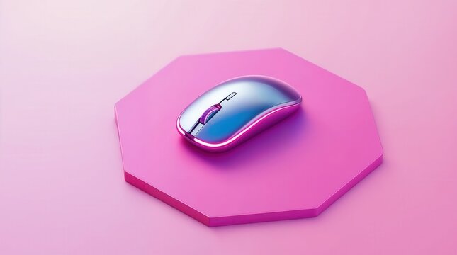 Futuristic wireless gaming mouse with an iridescent chrome finish on a pink platform. Modern technology accessory with neon lights and copy space - Powered by Adobe