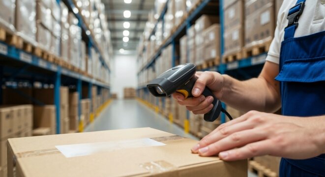 Close‑up of warehouse worker — scanning barcode on cardboard box, inventory management, distribution center concept
