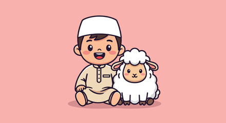Adorable Muslim Boy in Traditional Attire Poses with a Cute Sheep 1.
