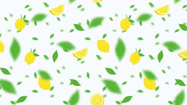 4K animation of Seamless pattern of falling lemons and green leaves on a white and black background, a fresh citrus concept, with blurry foreground and background. Depth of field.