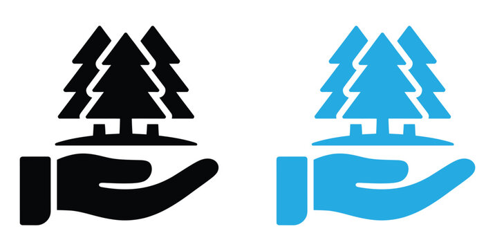 Protecting our forests with care and environmental action,Flat Black Silhouette Ecology Icon. Hand Holding Plant Leaf Symbol.Hand holding plant simple flat icon vector