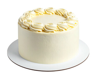 Round frosted cake with spiral icing border on white circular platform