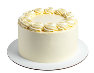 Round frosted cake with spiral icing border on white circular platform