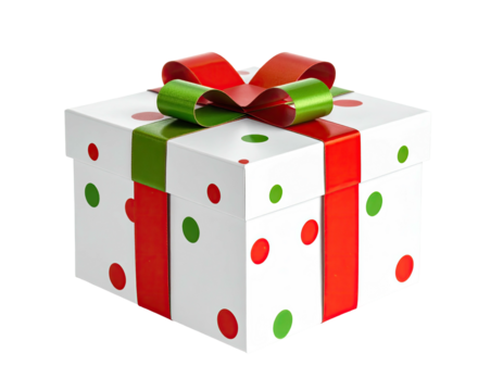 A white gift box, dotted with red and green, with red and green ribbon