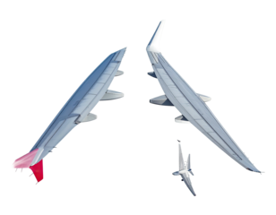 Plane parts, detached and floating on a black void background